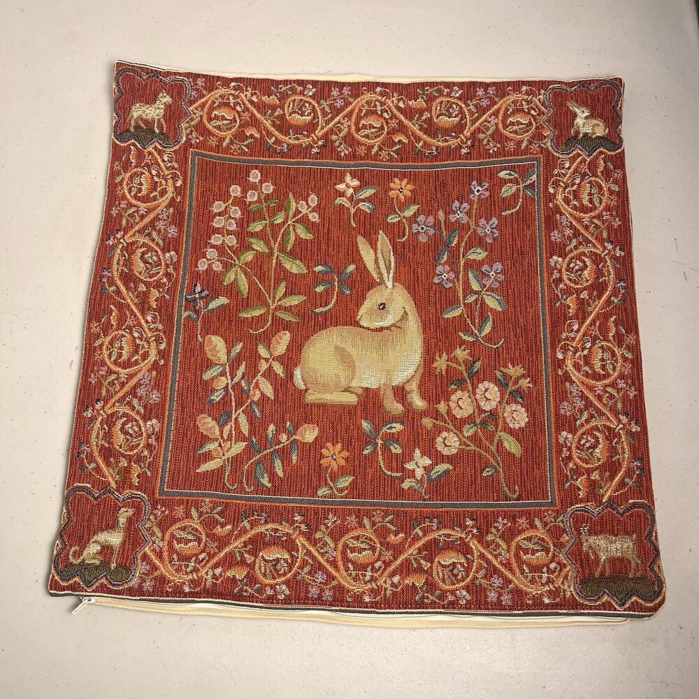 Medieval Rabbit Tapestry Pillow Cover Jacquard Woven France Gobelus 18.5x19.5"